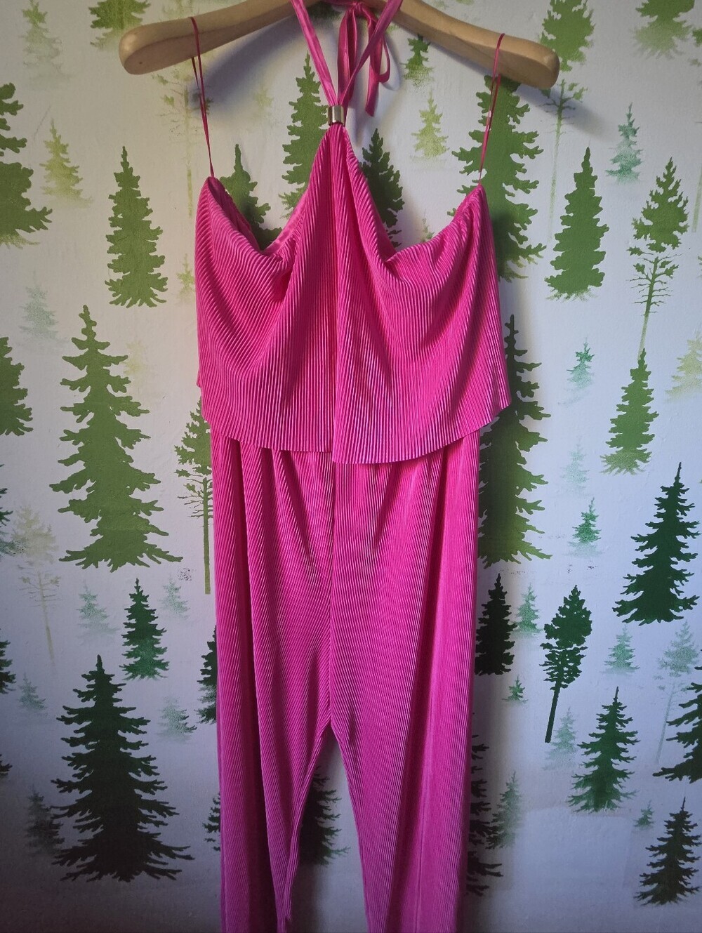 Intempo Halter Plisse Jumpsuit in Hot Pink